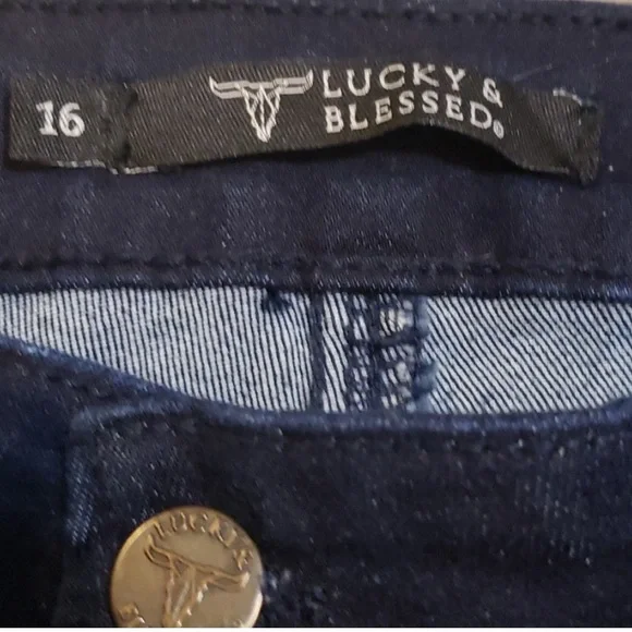 Women's Lucky & Blessed extreme flare dark wash distressed stretch jeans Sz 16 - Picture 4 of 12